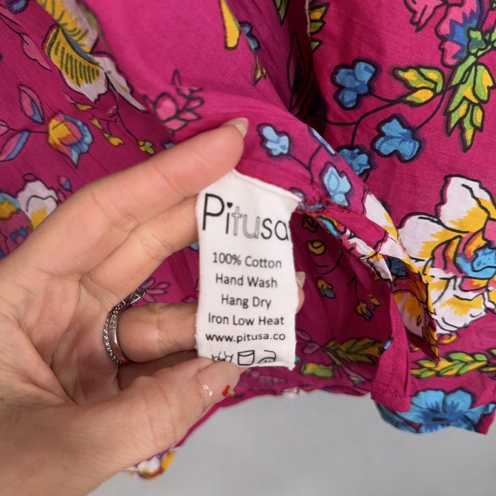 Pitusa Blouse Womens I Pink Floral Cotton Collared Boho Tie Front Top Lace Cuff - Picture 5 of 14